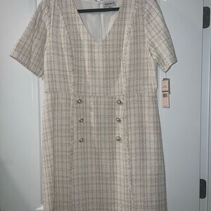 Nanette Lepore Cream Tweed Midi Dress with Gold Buttons